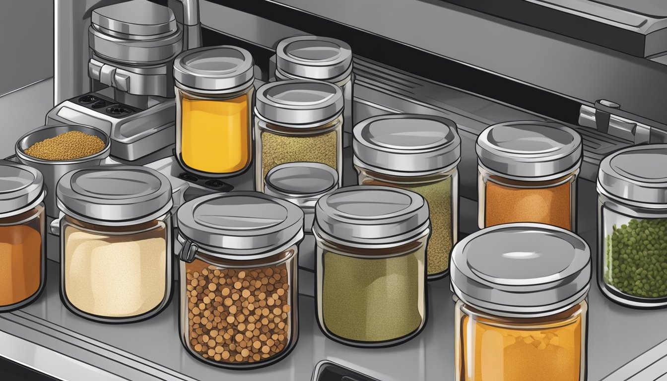 Spices neatly arranged in labeled jars on a countertop near a deep fryer, with a separate section for commonly used spices and a designated spot for specialty spices