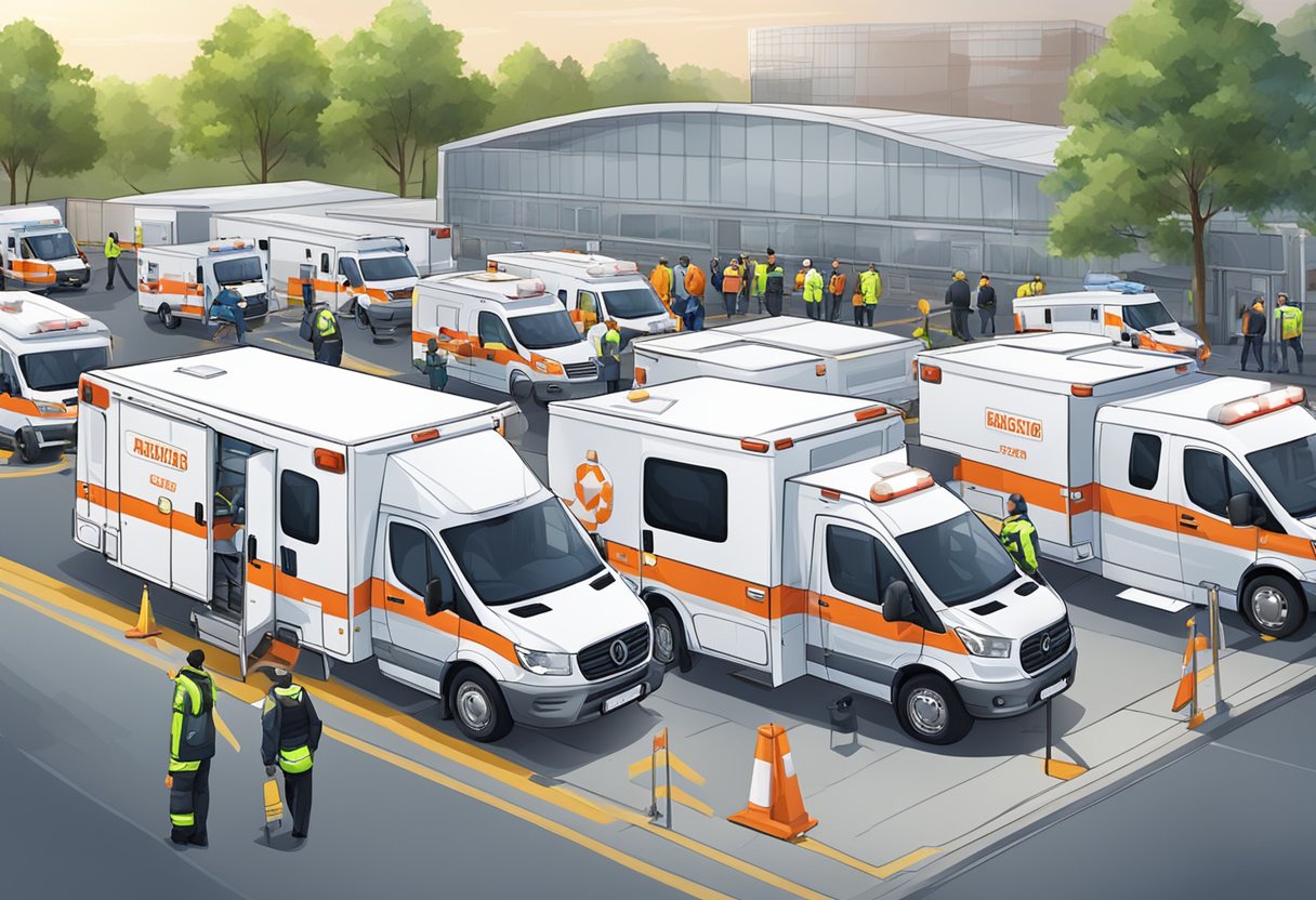 Um grupo de ambulâncias estacionadas do lado de fora de um local de evento esportivo, com a equipe descarregando equipamentos médicos e se preparando para possíveis emergências.