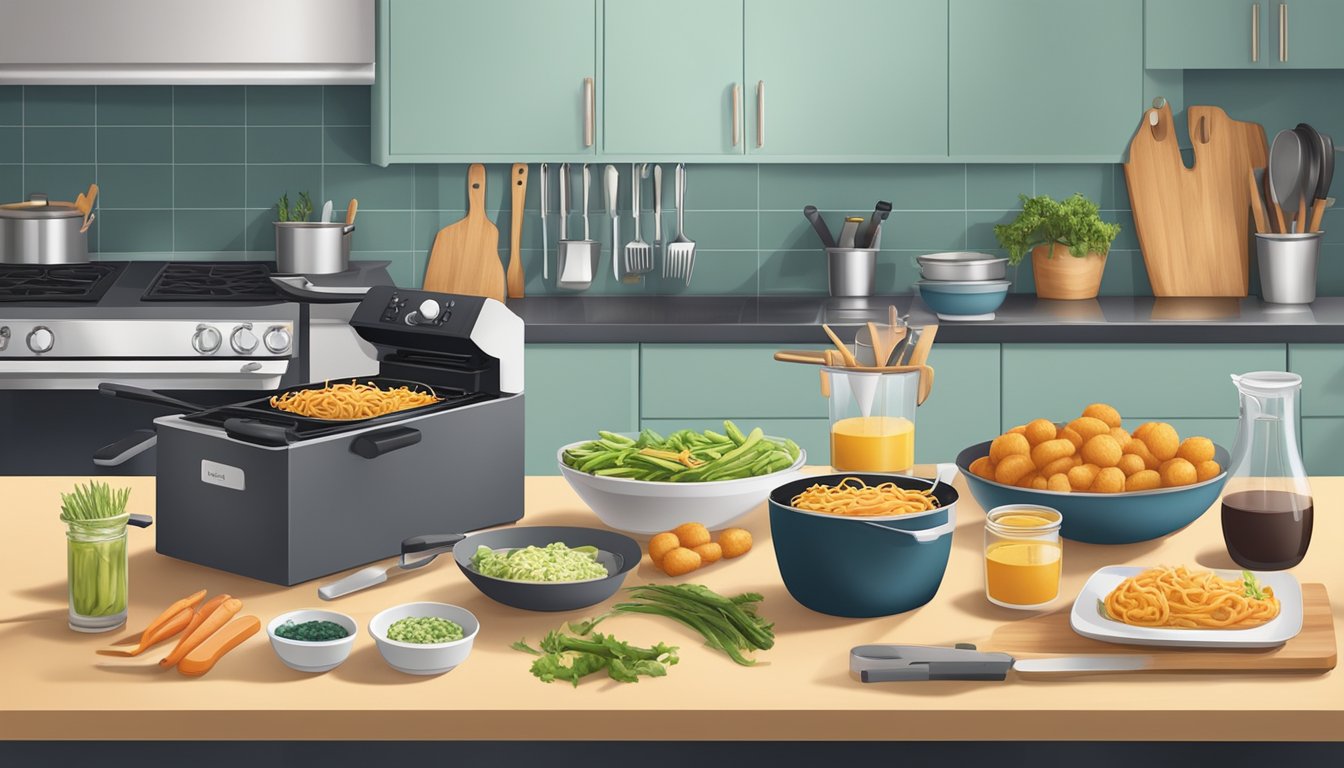 A countertop with a deep fryer, surrounded by neatly organized kitchen tools, ingredients, and prep stations for a dinner party