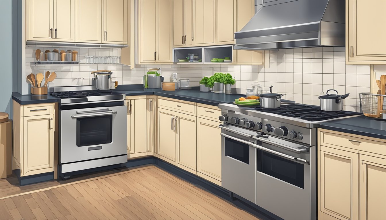 A kitchen with neatly arranged cooking utensils, a deep fryer placed on a spacious countertop, organized cabinets, and a designated area for prepping and plating food