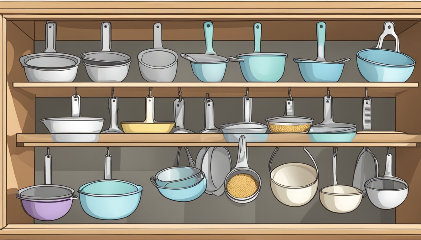 Measuring cups and spoons hang neatly in labeled baskets inside a kitchen cabinet