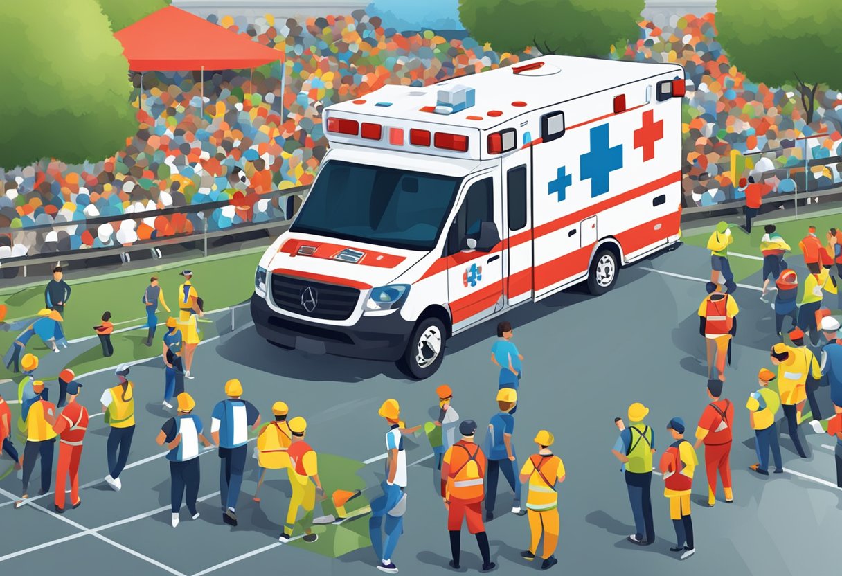 Um evento esportivo com uma ambulância estacionada nas proximidades, em conformidade com as regulamentações legais
