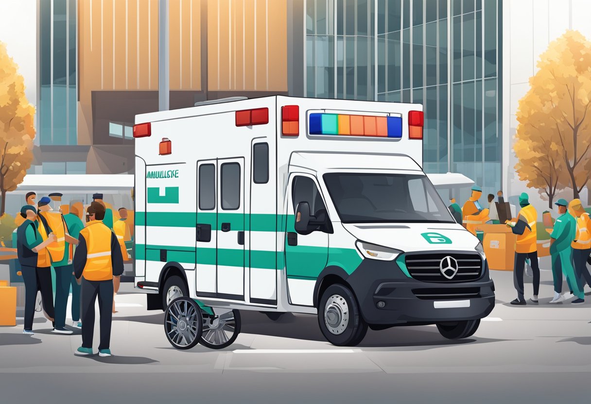 Uma ambulância estacionada perto de um evento esportivo, com suprimentos médicos e equipe por perto.