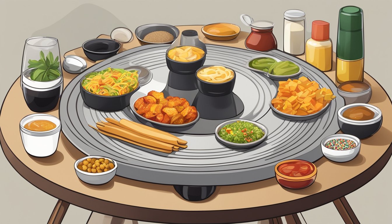 A lazy Susan spins with neatly arranged condiments and small kitchen items, organized for a dinner party with an air fryer