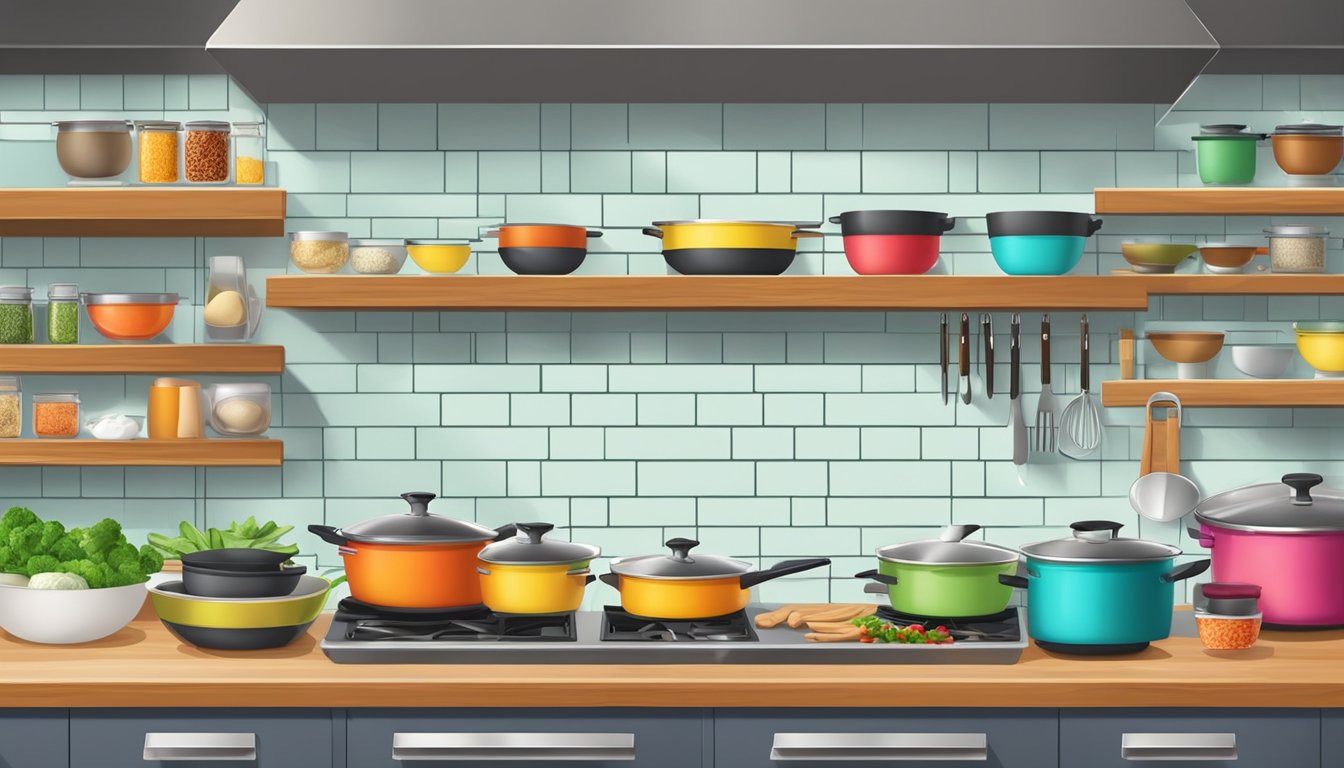 Colorful labeled shelves with neatly arranged wok, spices, utensils, and cookware. Prep area with chopping board, fresh ingredients, and recipe book