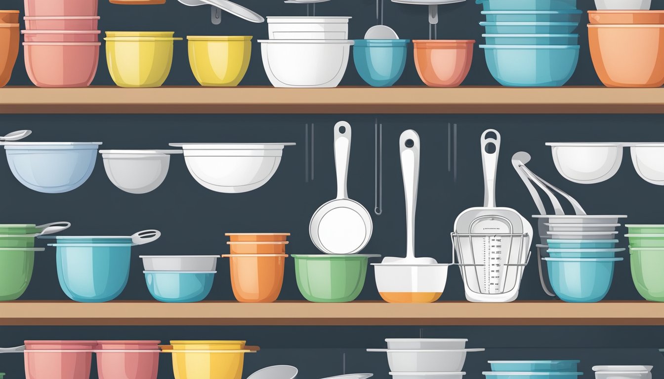 Measuring cups and spoons neatly organized in under-shelf baskets