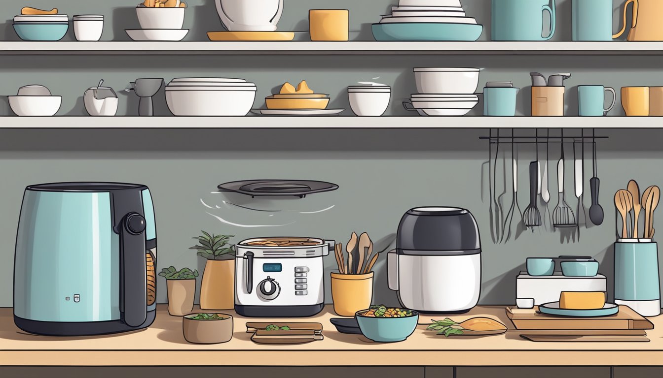 Tableware neatly arranged on an open shelf, with an air fryer and organized kitchen items nearby for quick setup