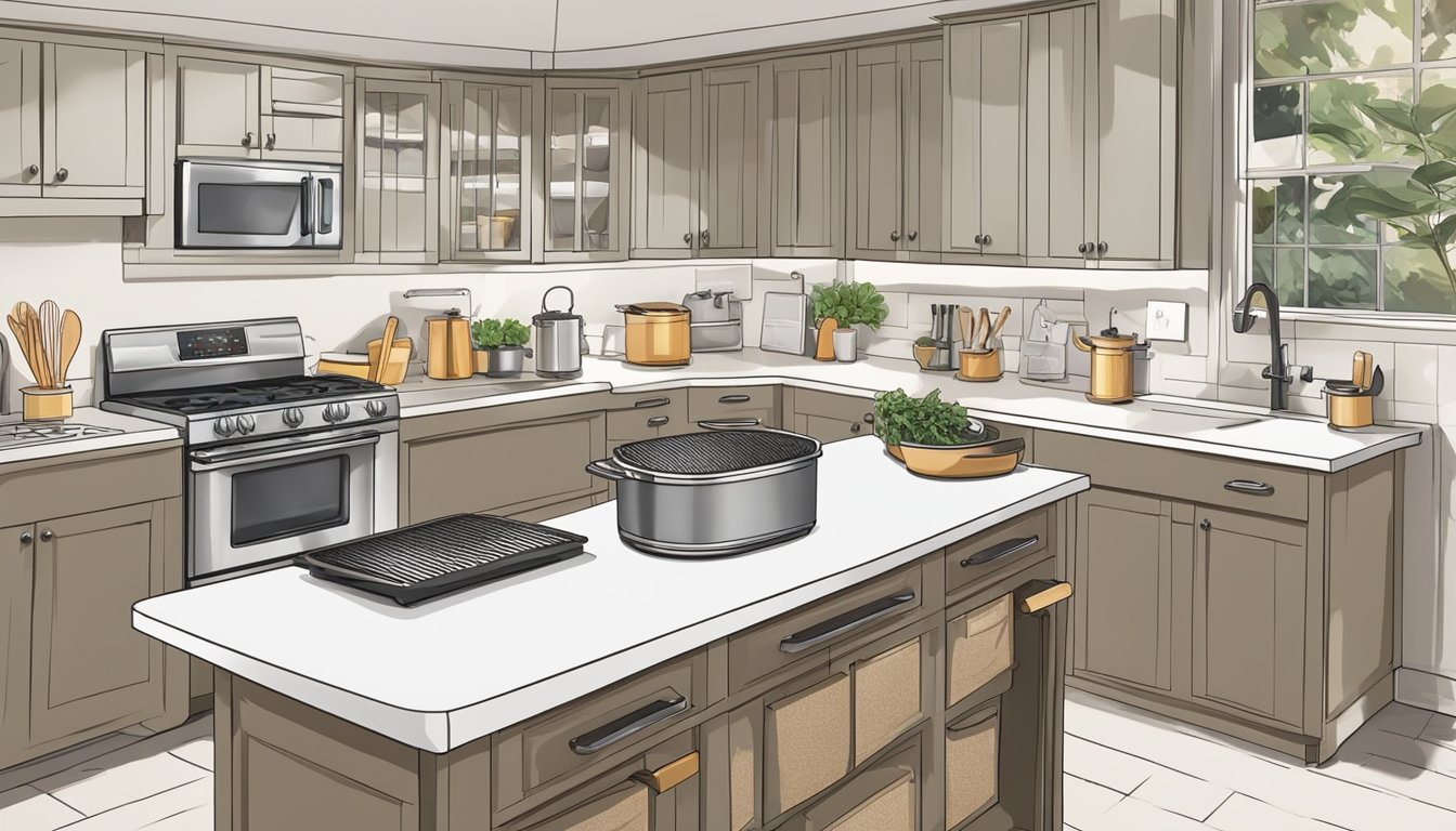 A kitchen with neatly arranged cooking utensils, a clean countertop, and a prominently placed air fryer. The layout is efficient and organized, ready for a dinner party