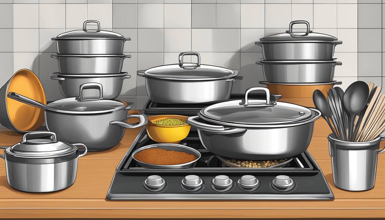 Stackable containers neatly arranged with kitchen utensils, spices, and ingredients for a dinner party. A wok sits on the stove ready for use