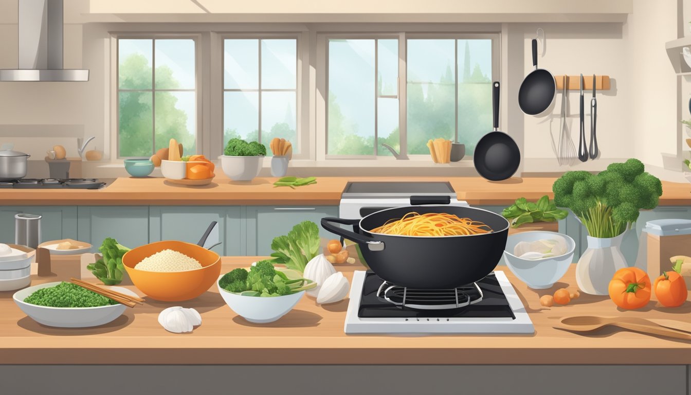 A spacious kitchen counter with neatly arranged cooking utensils, a wok, and ingredients for a dinner party