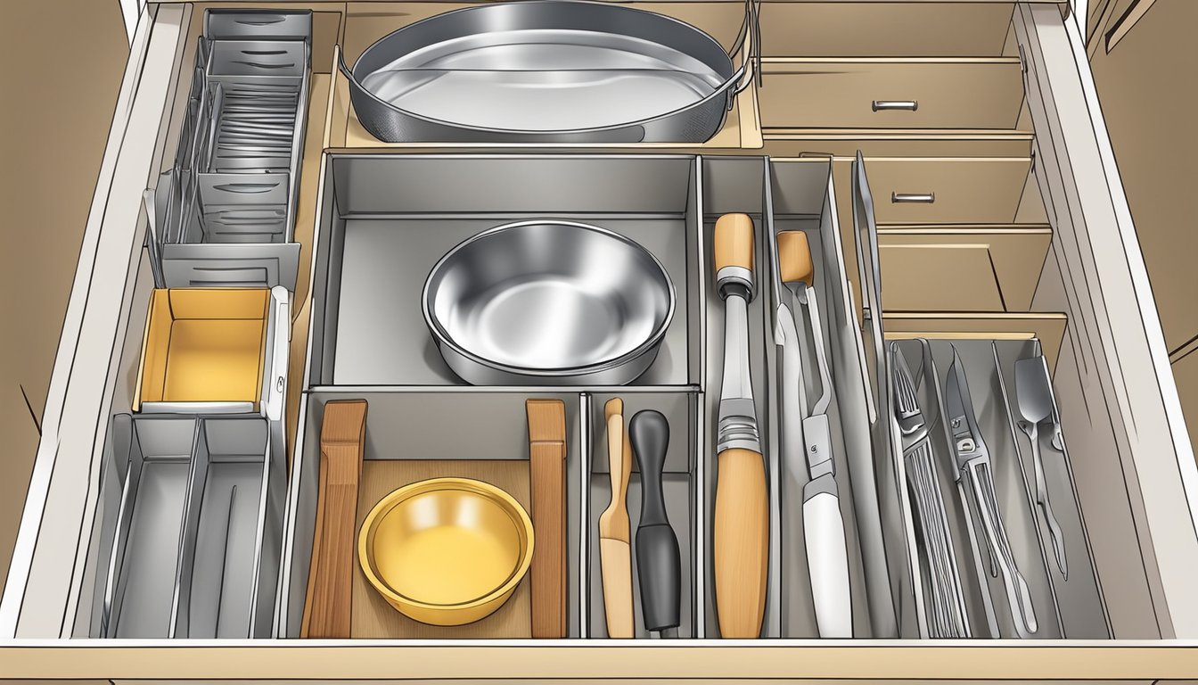 Drawer organizers neatly separate utensils and tools in a tidy kitchen drawer. A wok sits on the stove, surrounded by neatly arranged cooking implements