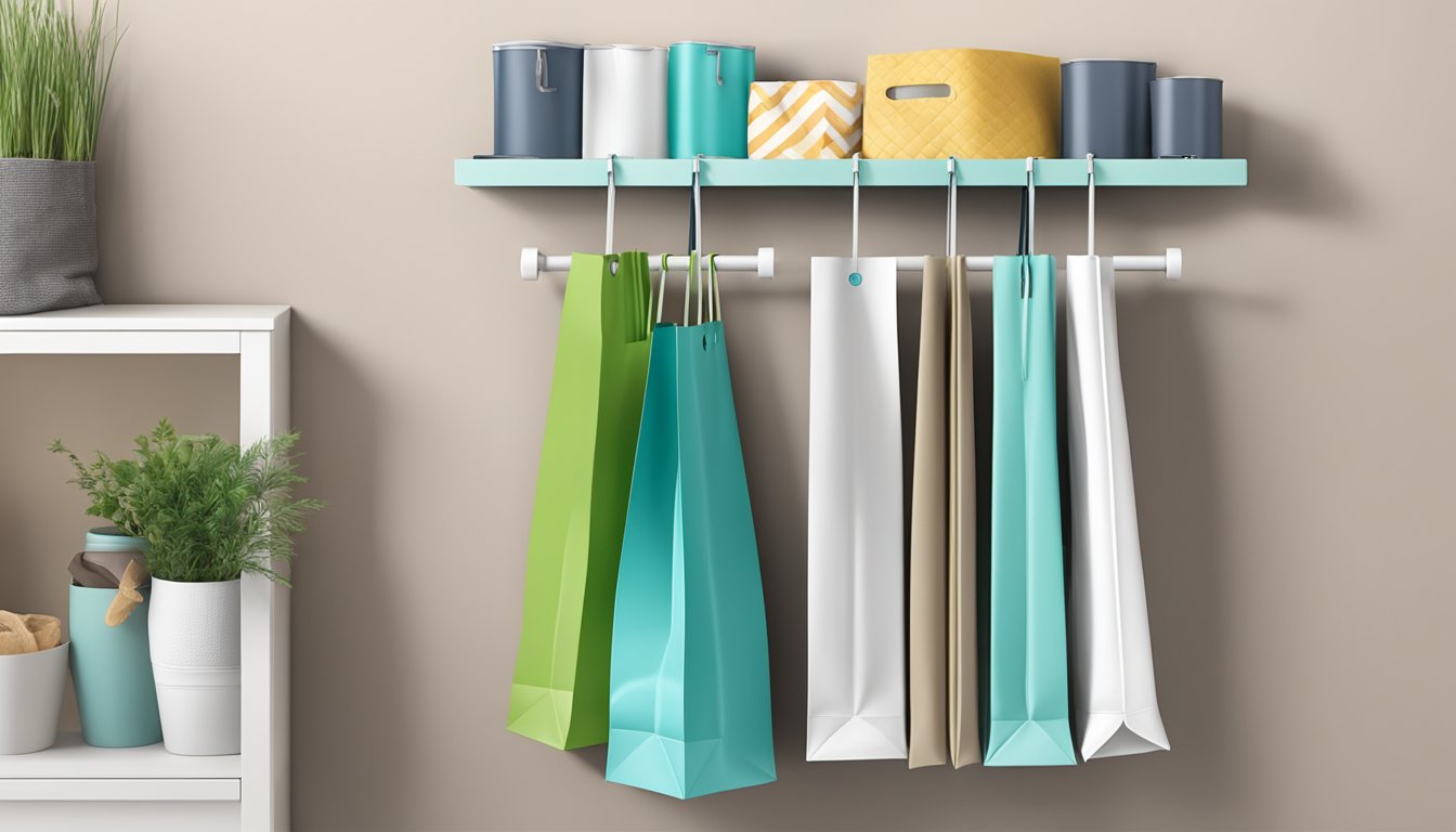 A paper towel holder mounted on a wall, holding multiple reusable shopping bags in an organized and accessible manner