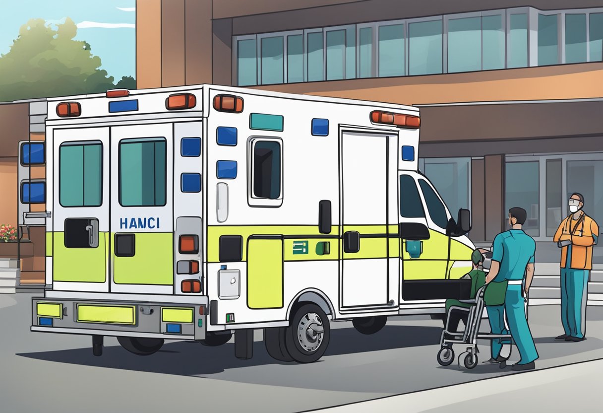 Ambulância Psiquiátrica: Impacto no Atendimento de Emergências Mentais 1 Uma ambulância psiquiátrica estacionada do lado de fora de um hospital, com suas luzes piscando e uma equipe médica atendendo a um paciente em uma maca.