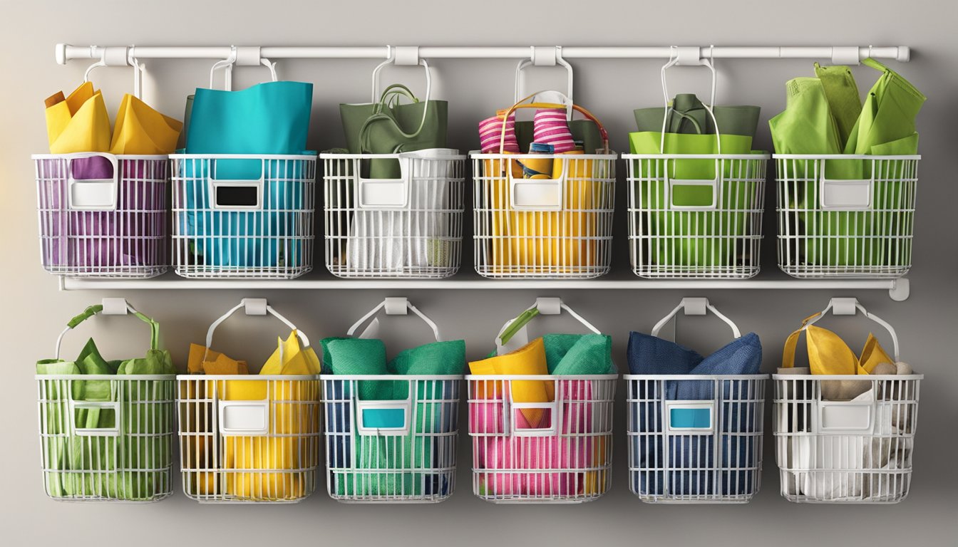 A wall-mounted basket holds an assortment of reusable shopping bags, neatly organized for easy access and space-saving storage