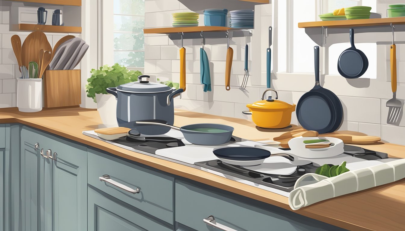 Tension rods hold dish towel rods, pot lids, and cutting boards in a tidy kitchen