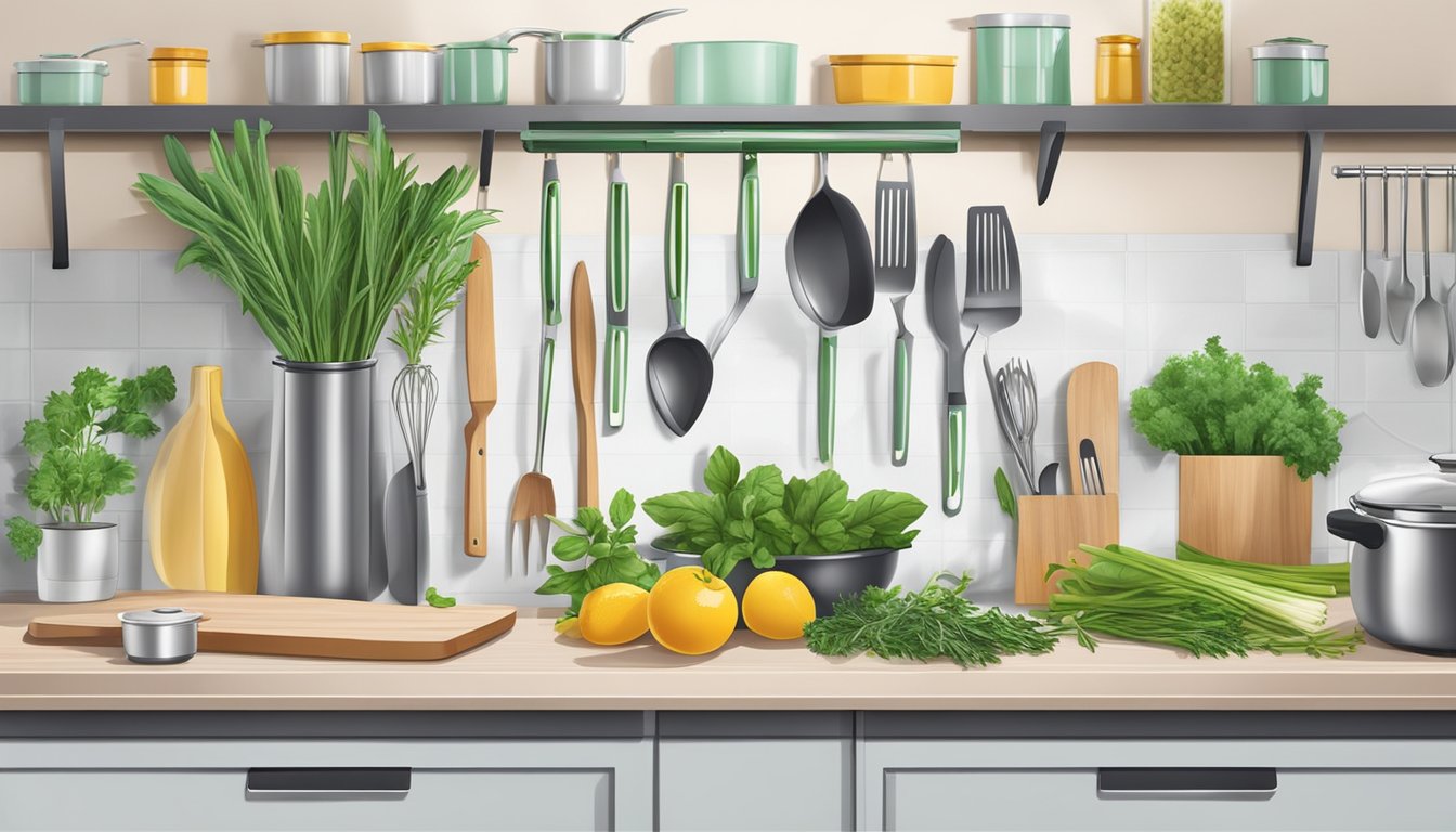 A clean, modern kitchen with magnetic knife strips holding herb bouquets and various utensils for organization