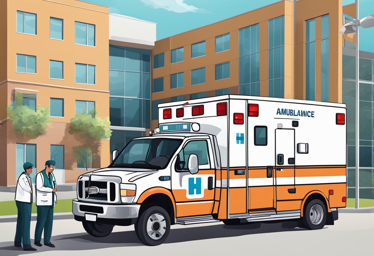 Ambulância Psiquiátrica: Impacto no Atendimento de Emergências Mentais 6 Uma ambulância psiquiátrica estacionada do lado de fora de um hospital, com a equipe médica descarregando suprimentos e se preparando para transportar um paciente.