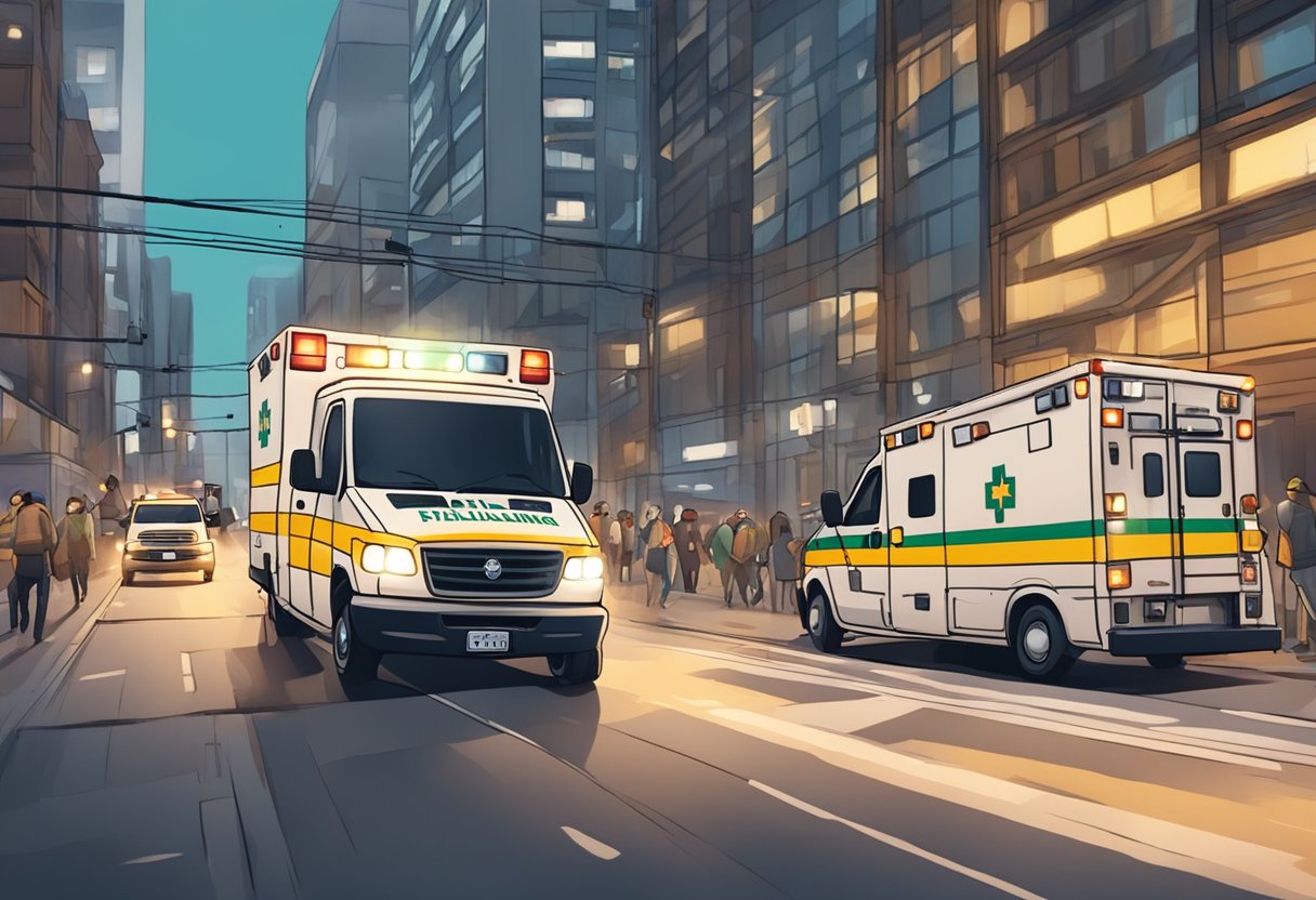 Ambulância Psiquiátrica: Impacto no Atendimento de Emergências Mentais 7 Uma ambulância psiquiátrica navegando por uma rua movimentada da cidade, com luzes piscando e um senso de urgência