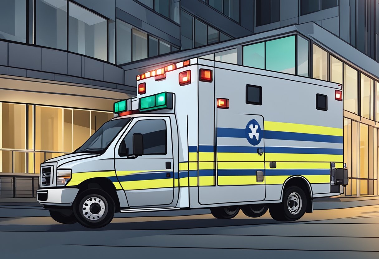 Ambulância Psiquiátrica: Impacto no Atendimento de Emergências Mentais 8 Uma ambulância psiquiátrica estacionada do lado de fora de um hospital, com suas luzes de emergência piscando e equipamentos médicos visíveis através das janelas.