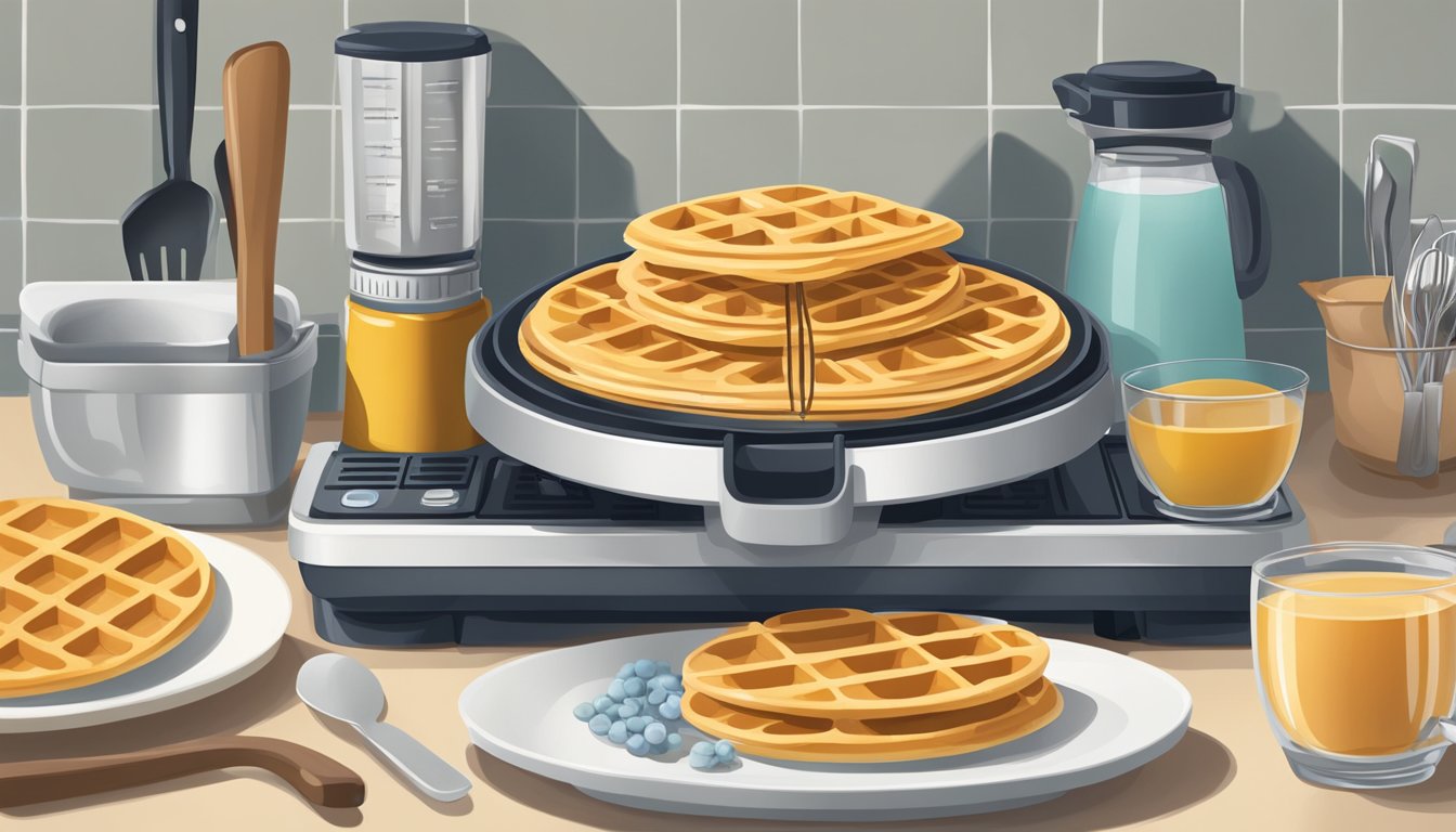 Utensils neatly arranged around a waffle maker on a clean, organized kitchen counter