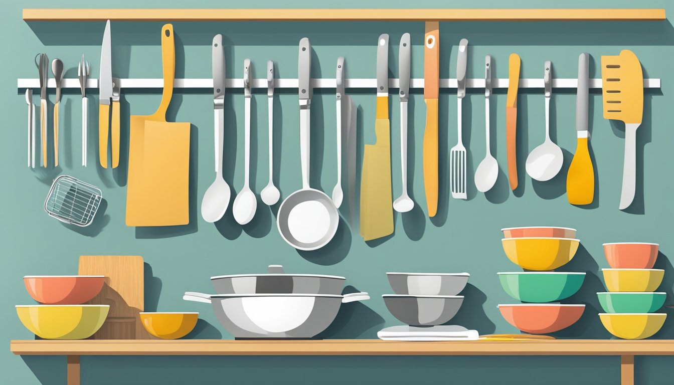 A kitchen with magnetic knife strips holding various utensils and tools, organized on the wall above a set of SecureMixingBowls