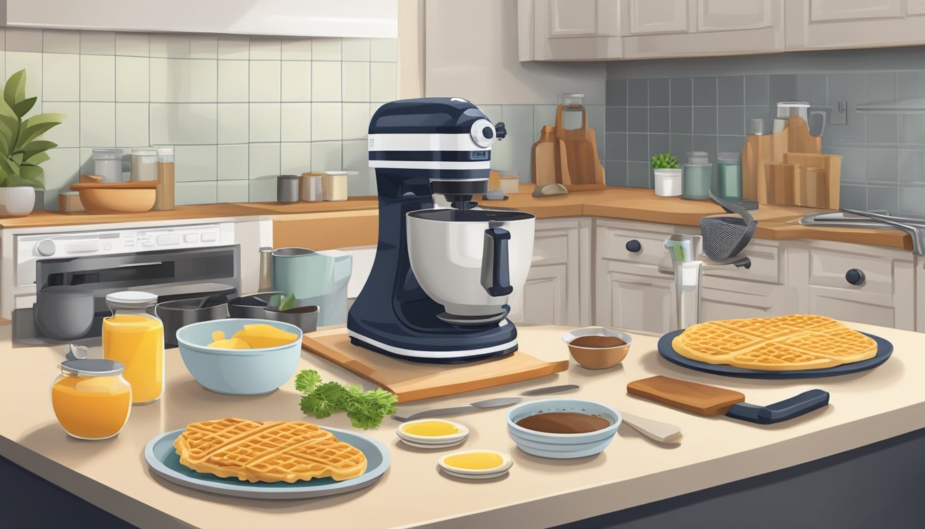 A clean, organized kitchen counter with neatly arranged ingredients and measuring utensils next to a waffle maker