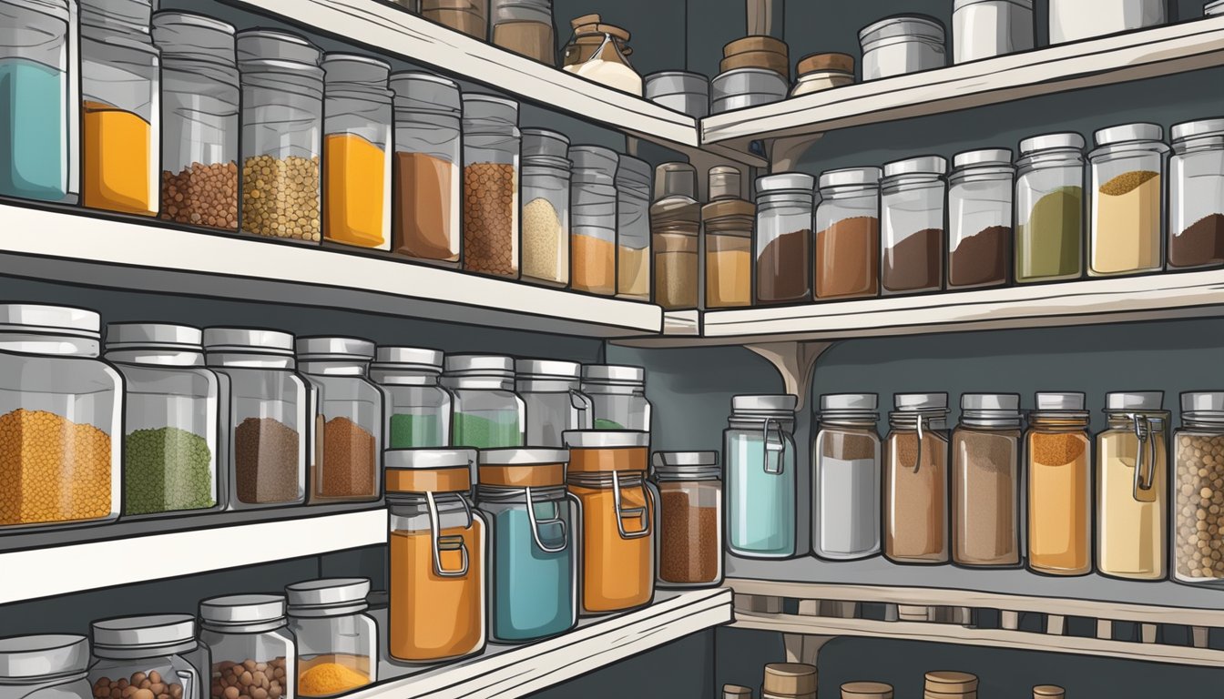 Clear spice containers neatly arranged on a shelf, labeled with various spices. A smoker and other kitchen tools are visible in the background