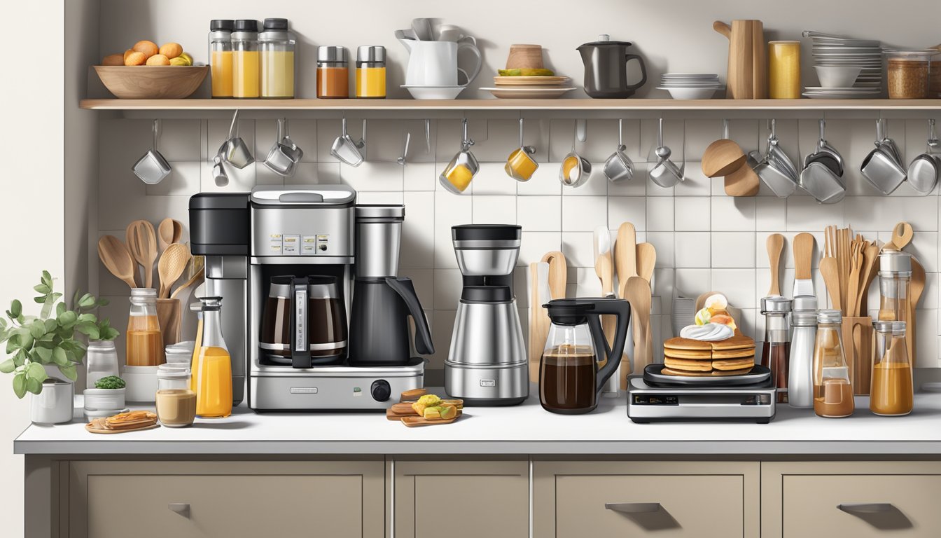 A kitchen counter with a waffle maker, coffee machine, assorted mugs, and a variety of syrups and toppings neatly organized for a dinner party beverage station