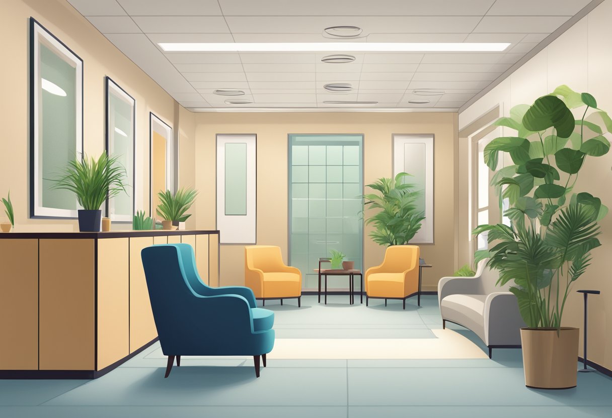 Uma sala de espera tranquila com cadeiras confortáveis, iluminação suave e plantas em vasos. Uma recepção com uma recepcionista amigável. Várias portas levando a diferentes salas de consulta psiquiátrica.