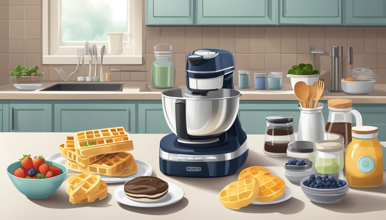 A kitchen counter with neatly arranged ingredients, utensils, and a waffle maker. A designated area for dessert prep with clear organization and easy access