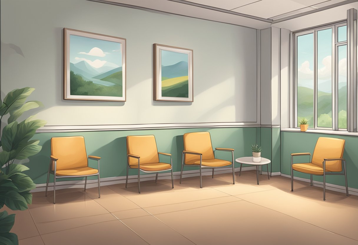 Uma sala de espera tranquila em uma clínica de saúde mental em Curitiba, com cadeiras confortáveis, iluminação suave e obras de arte relaxantes nas paredes.