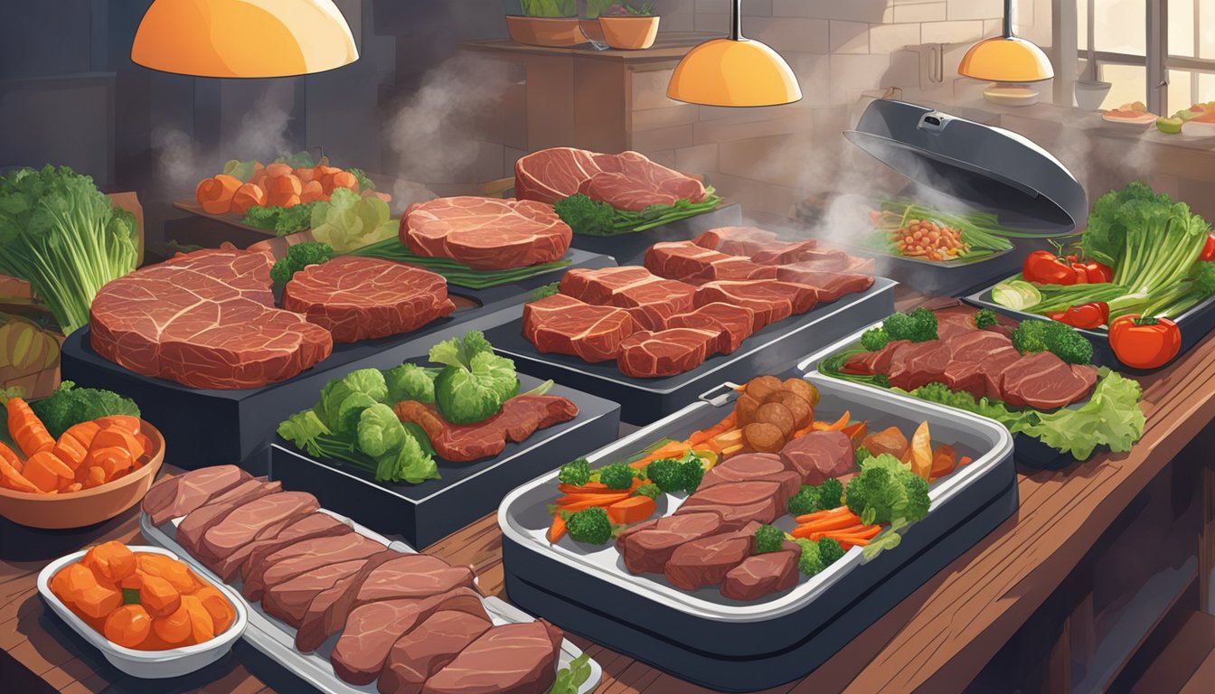 Meat and vegetables arranged on platters with smoker in background