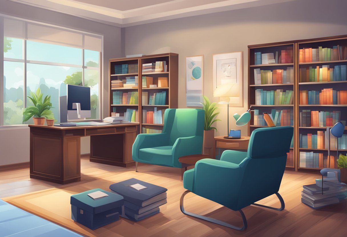 Um consultório de psiquiatra com assentos confortáveis, uma mesa com um computador e prateleiras de livros e suprimentos médicos.