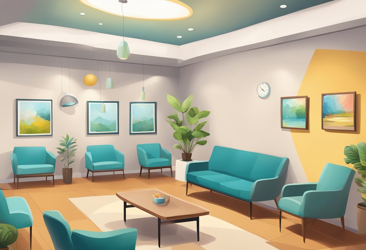 Uma sala de espera tranquila e colorida em uma clínica psiquiátrica em Curitiba, com assentos confortáveis e obras de arte relaxantes nas paredes.