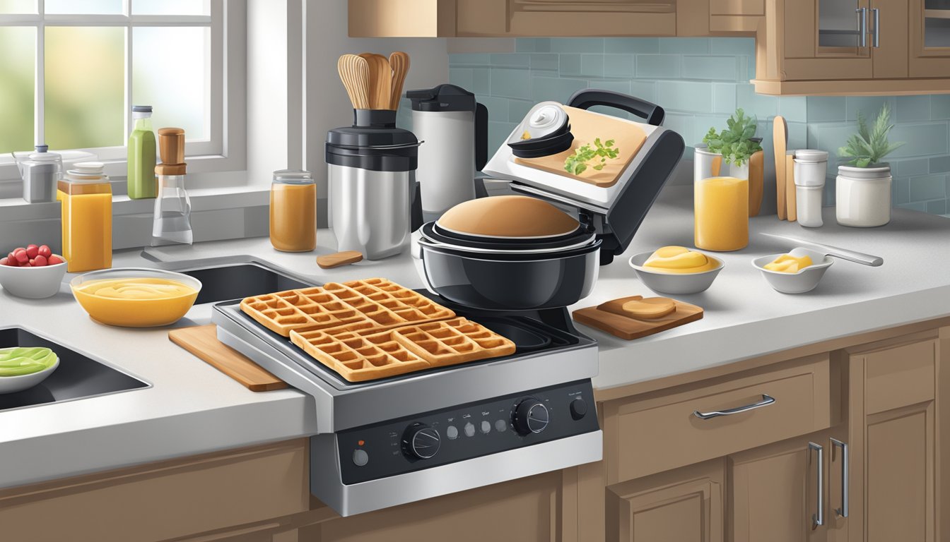 A modern, organized kitchen with a waffle maker as the focal point. Ingredients and utensils neatly arranged for easy access