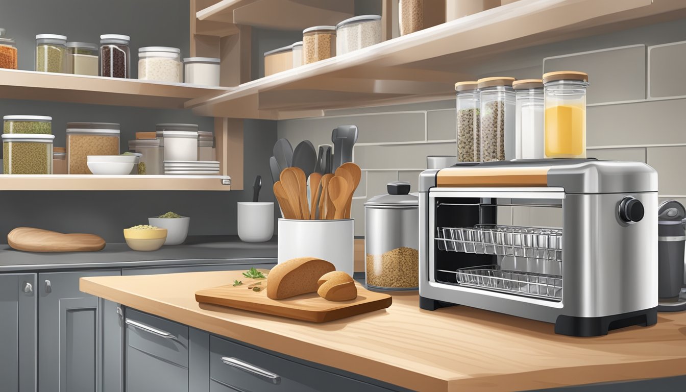 A kitchen with a magnetic spice rack, neatly organized with labeled containers. A bread maker sits on the counter, surrounded by organized cooking utensils and ingredients