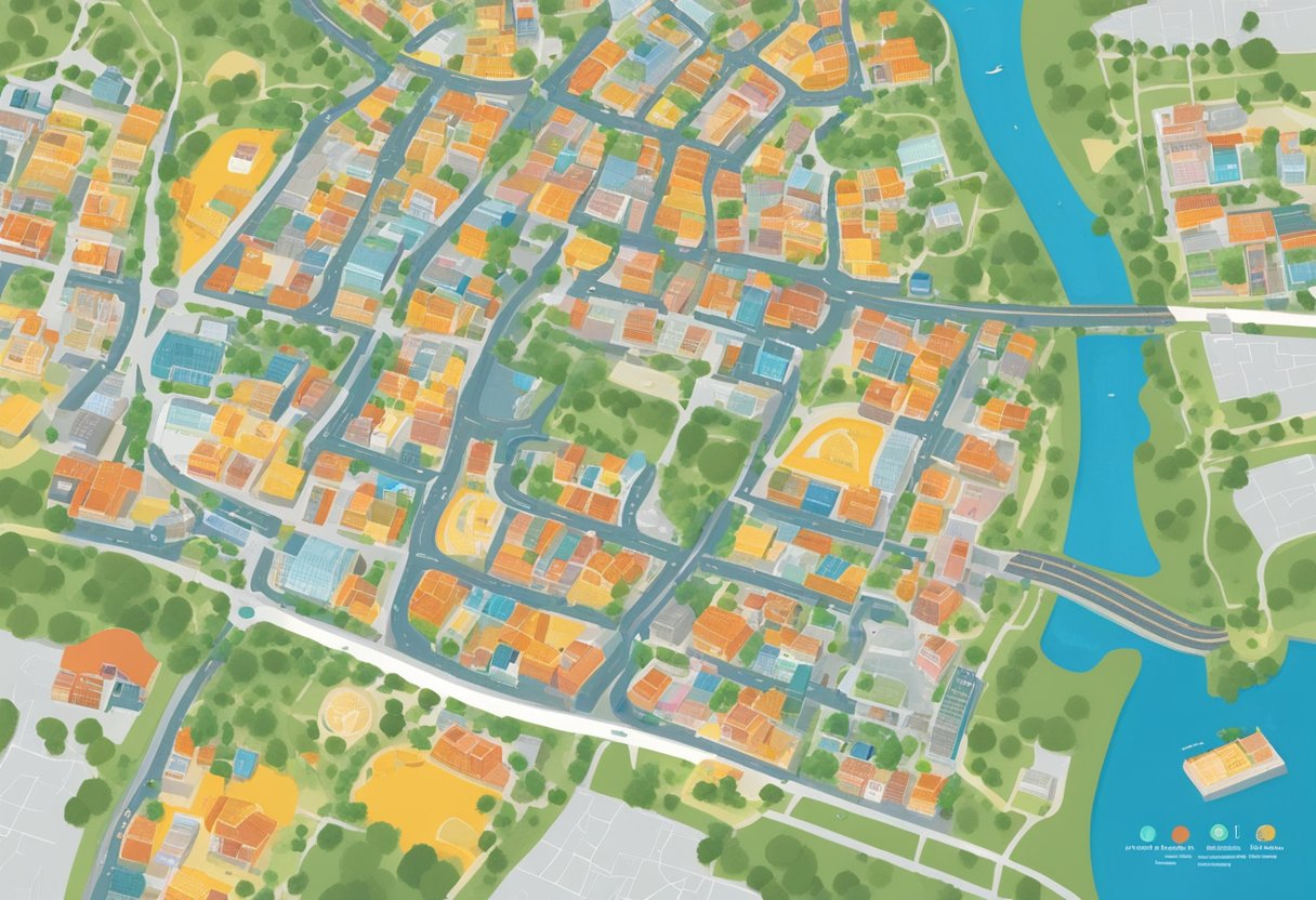 Um mapa de Curitiba mostrando a distribuição de clínicas psiquiátricas em diferentes bairros, com símbolos indicando características de acessibilidade.