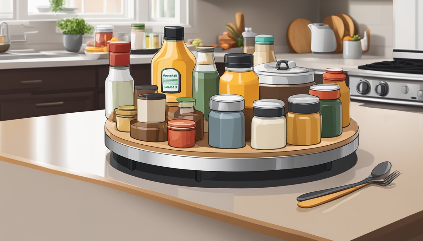 A Lazy Susan sits on a kitchen counter, holding various condiments neatly organized. Nearby, a bread maker is positioned for easy access during a dinner party prep