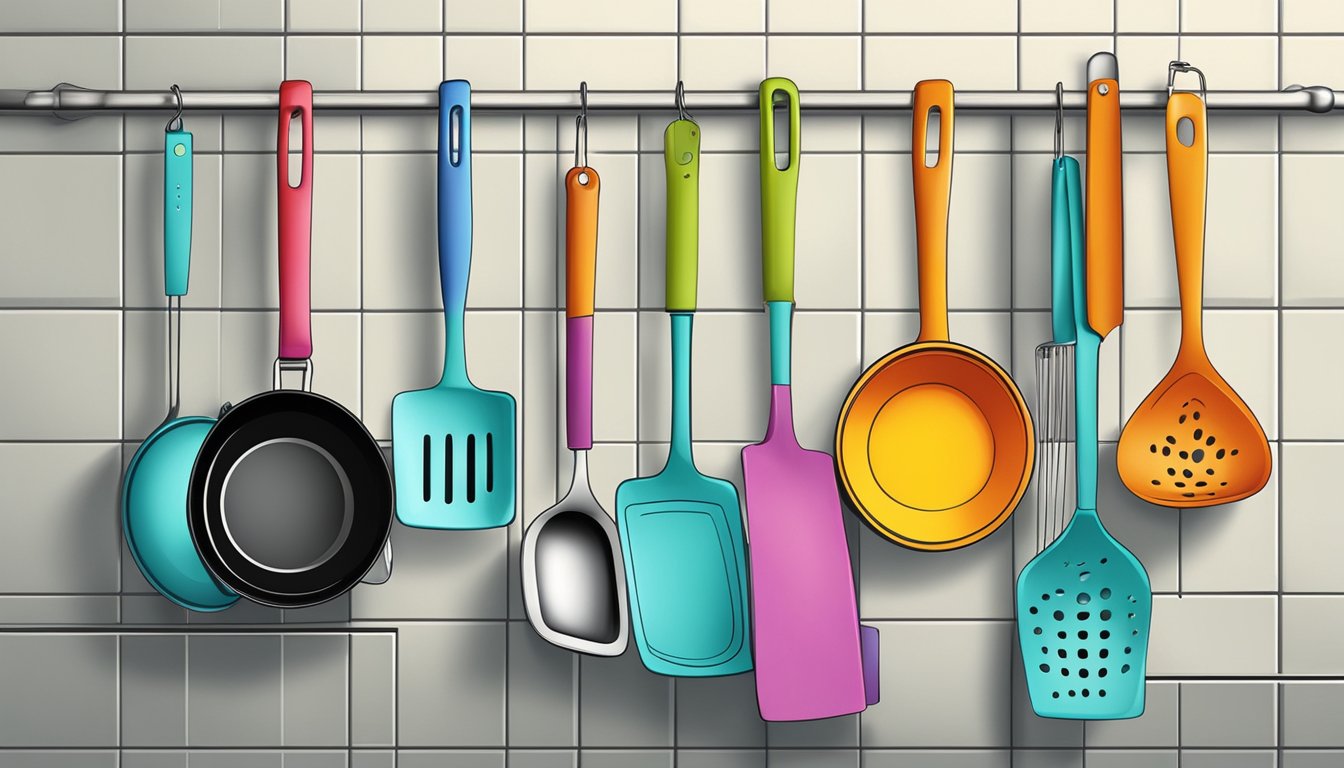 Kitchen utensils hanging on a magnetic strip against a tiled backdrop