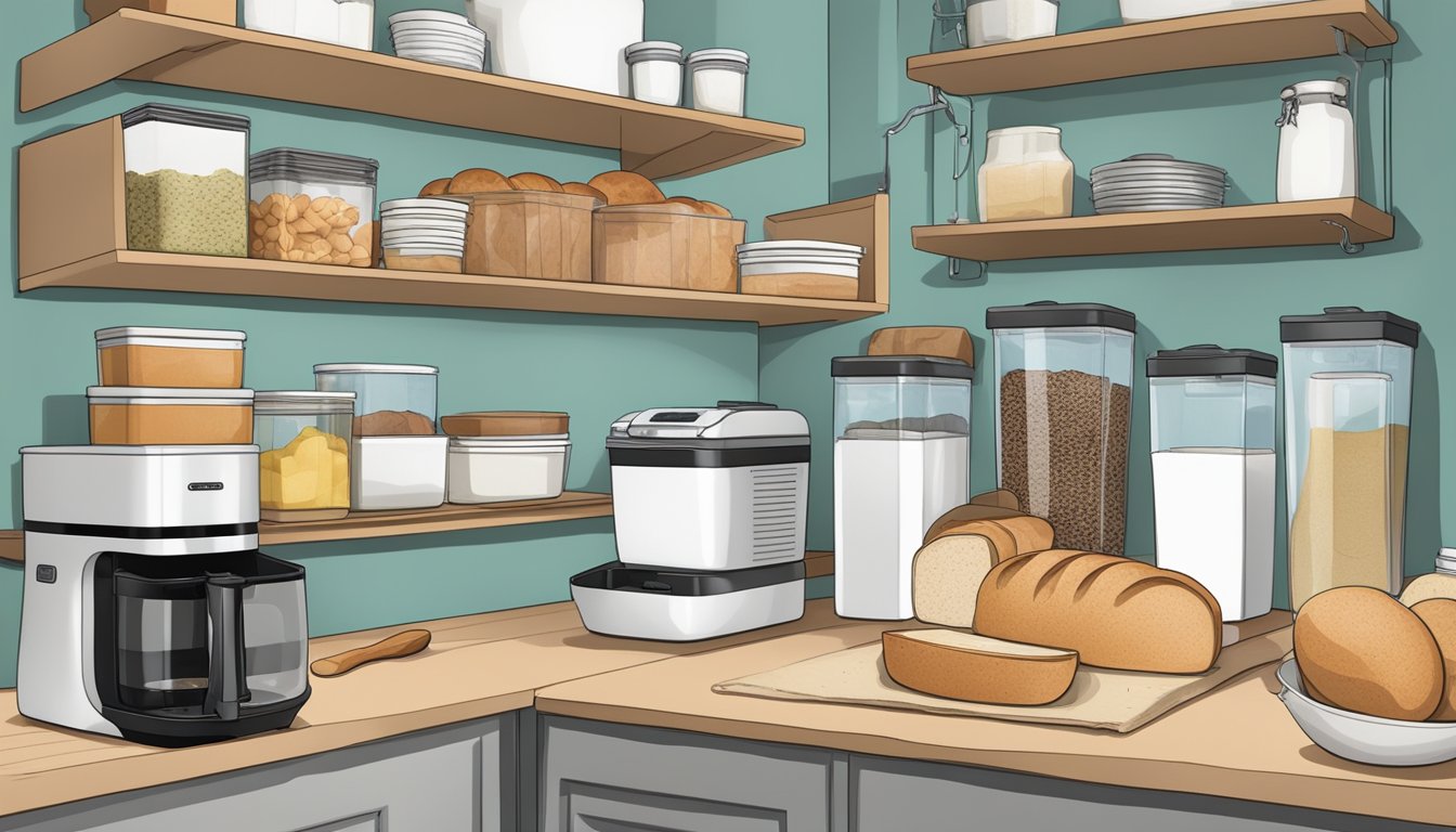 A cluttered kitchen counter transformed into an organized space with a bread maker, neatly arranged ingredients, and labeled storage containers