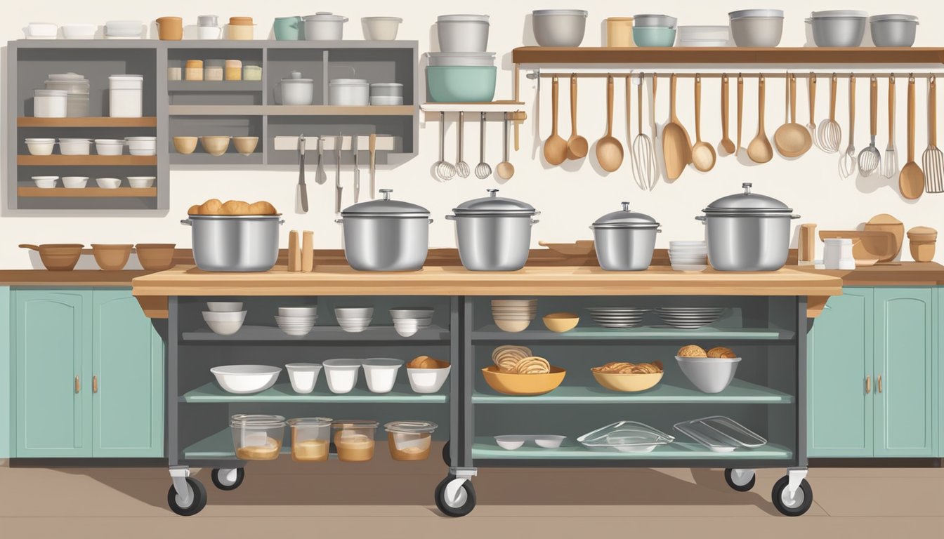 A mobile baking station with a spacious cart holds various kitchen utensils, mixing bowls, and ingredients, neatly organized for easy access and convenience