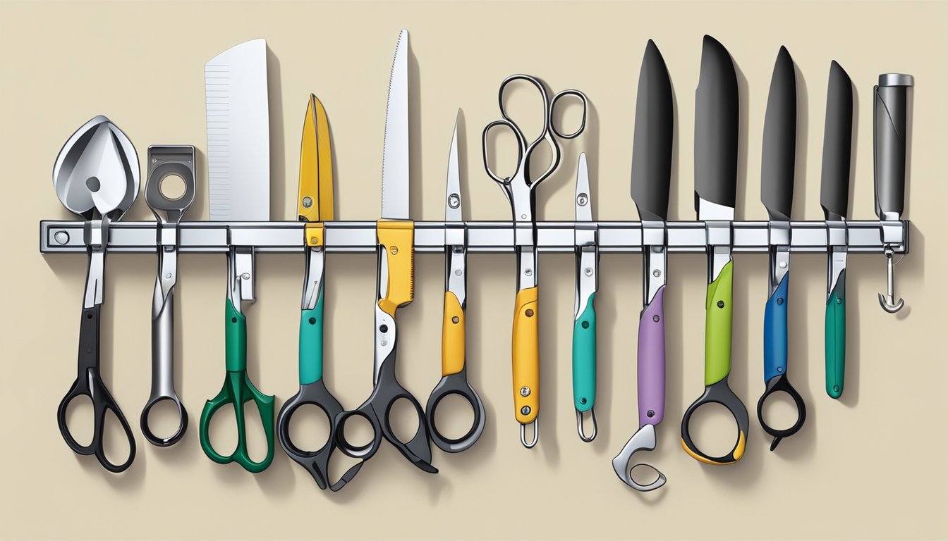 A wall-mounted holder with various slots and hooks holds kitchen shears and pizza cutters in an organized and accessible manner