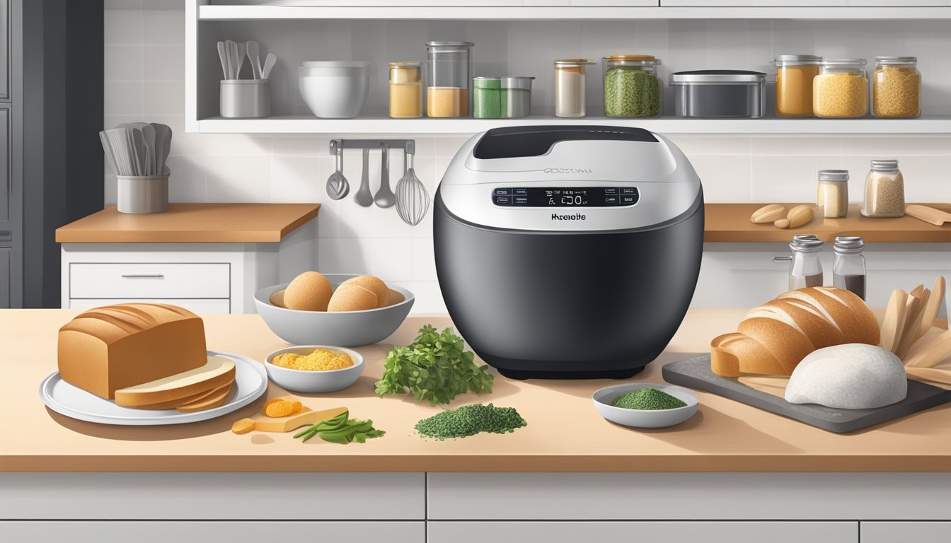 A kitchen counter with a neatly organized array of ingredients, utensils, and a sleek bread maker ready for use