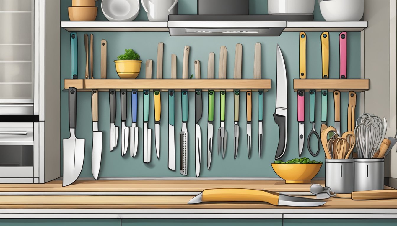 A knife block with slots for kitchen shears and pizza cutters, surrounded by neatly organized kitchen tools on a countertop