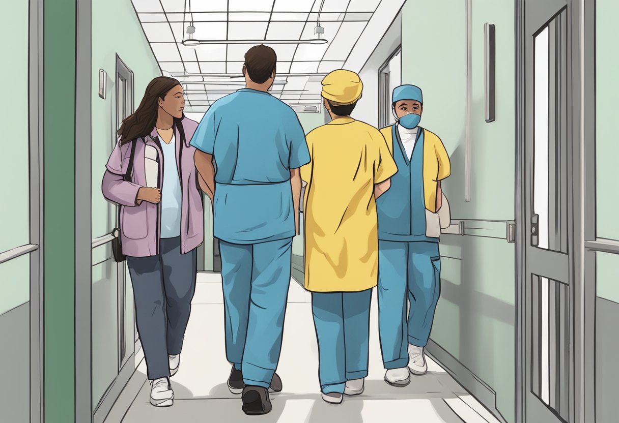 Uma pessoa sendo acompanhada por dois profissionais de saúde mental em uma instituição de saúde mental