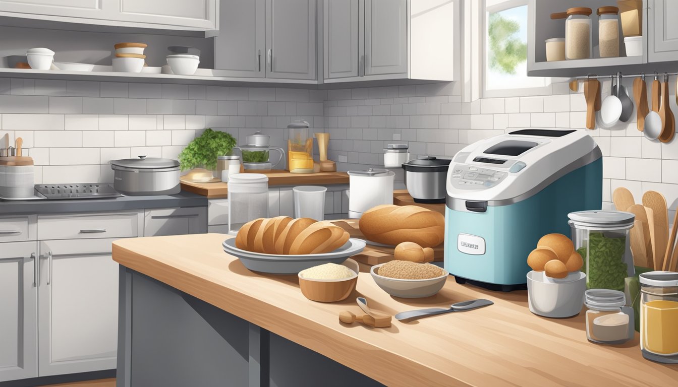 A clean, organized kitchen with a bread maker on the counter, ingredients neatly arranged, and cooking utensils ready for use