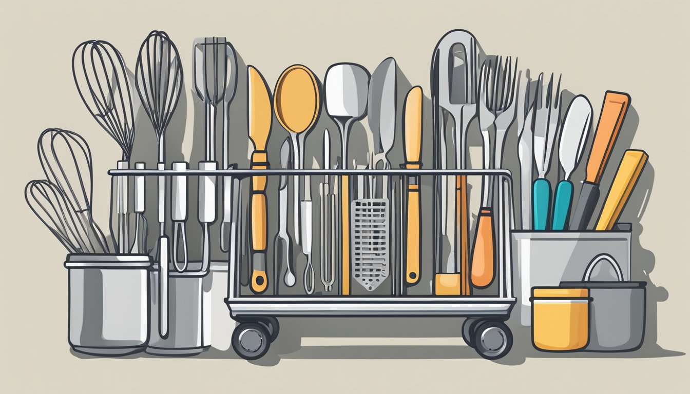 Utensils neatly organized in a rolling cart: forks, knives, spoons, spatulas, whisks, measuring cups, and more