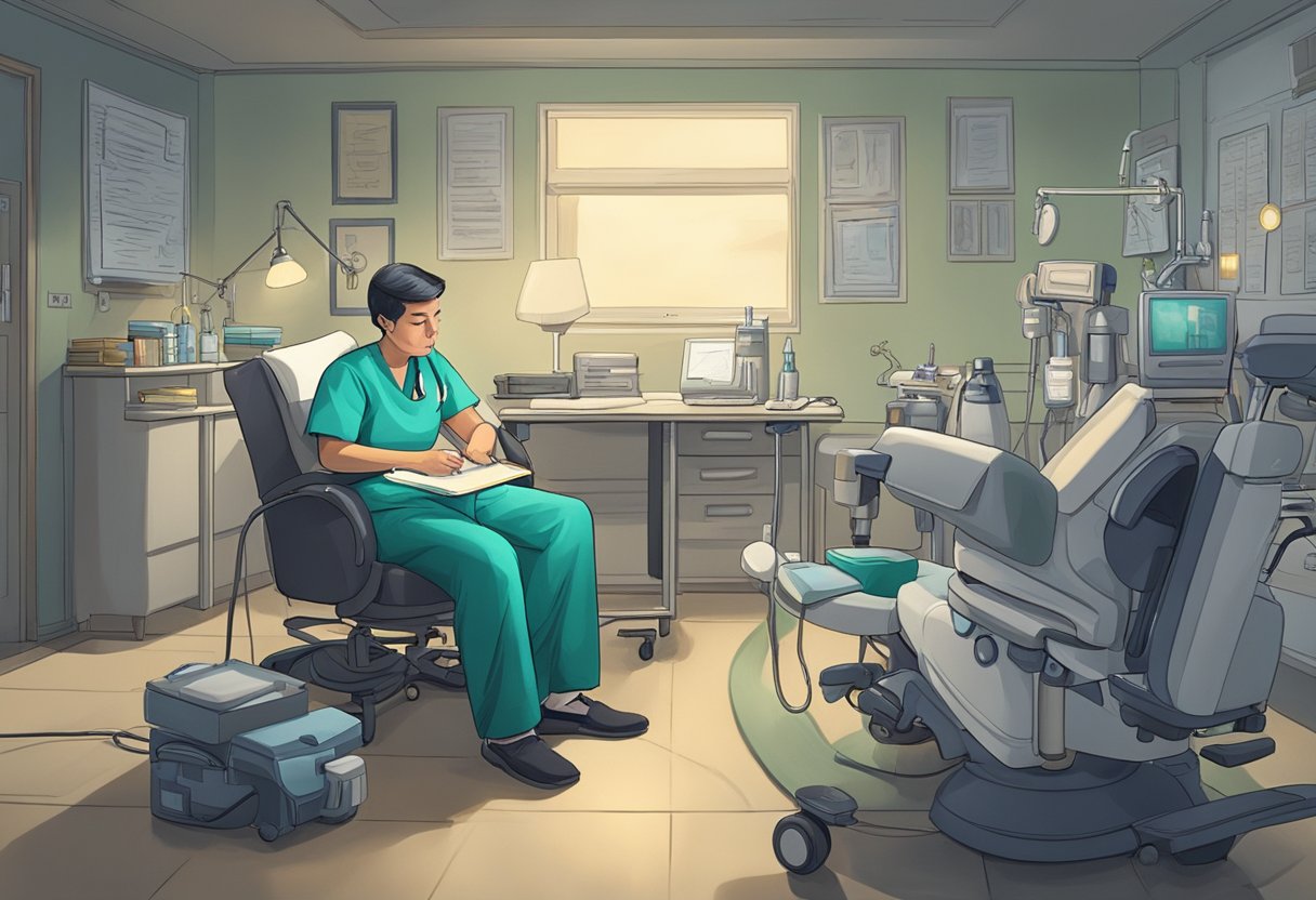 Um paciente sentado em uma sala mal iluminada, cercado por equipamentos médicos e um médico preocupado fazendo anotações
