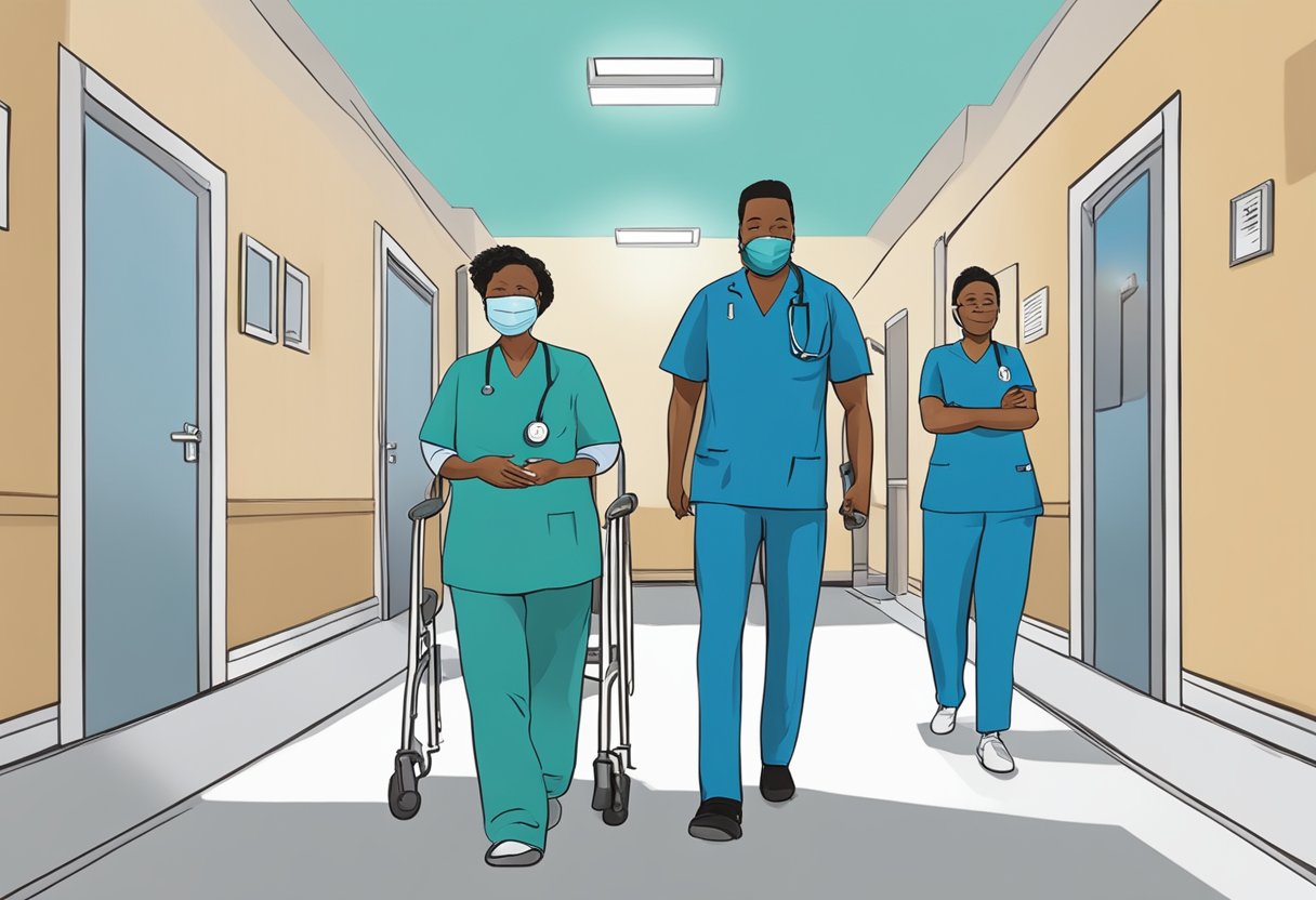 Uma pessoa sendo acompanhada para uma instituição de saúde mental por dois profissionais de saúde