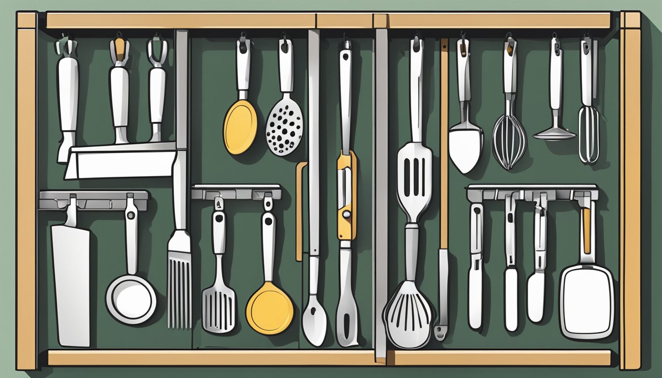 Various kitchen utensils neatly organized in a pull-out rack, including shears and pizza cutters in designated slots